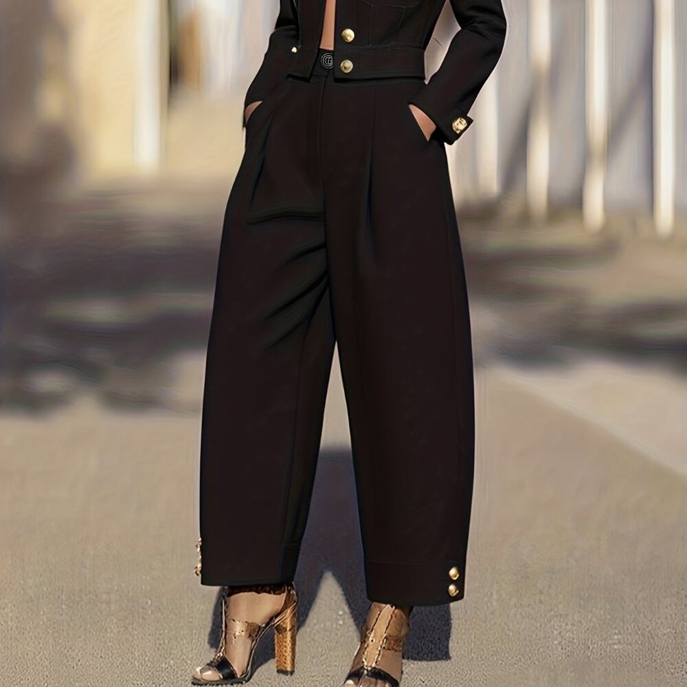 Black High Waist Cropped Wide Leg Pants Gold Button Detail Size L 8/10 - Picture 2 of 7